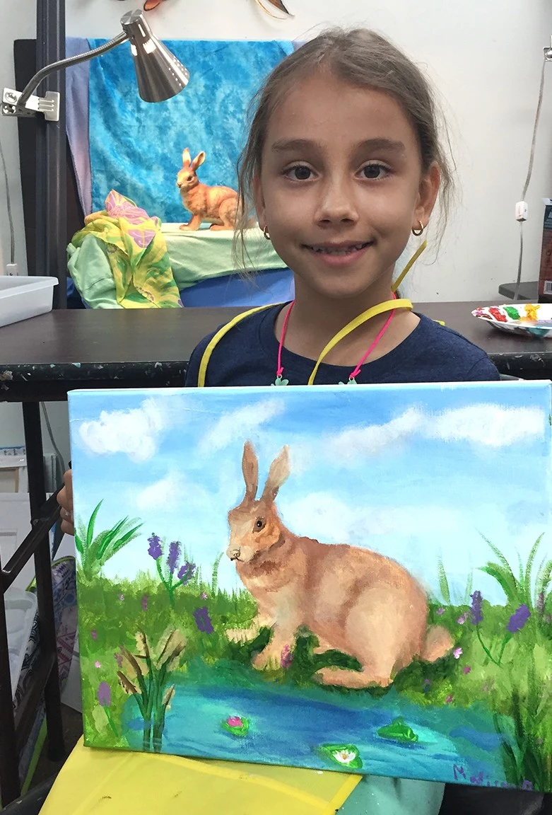 This painting of a rabbit was done from observation of a three-dimensional object using acrylic paints
