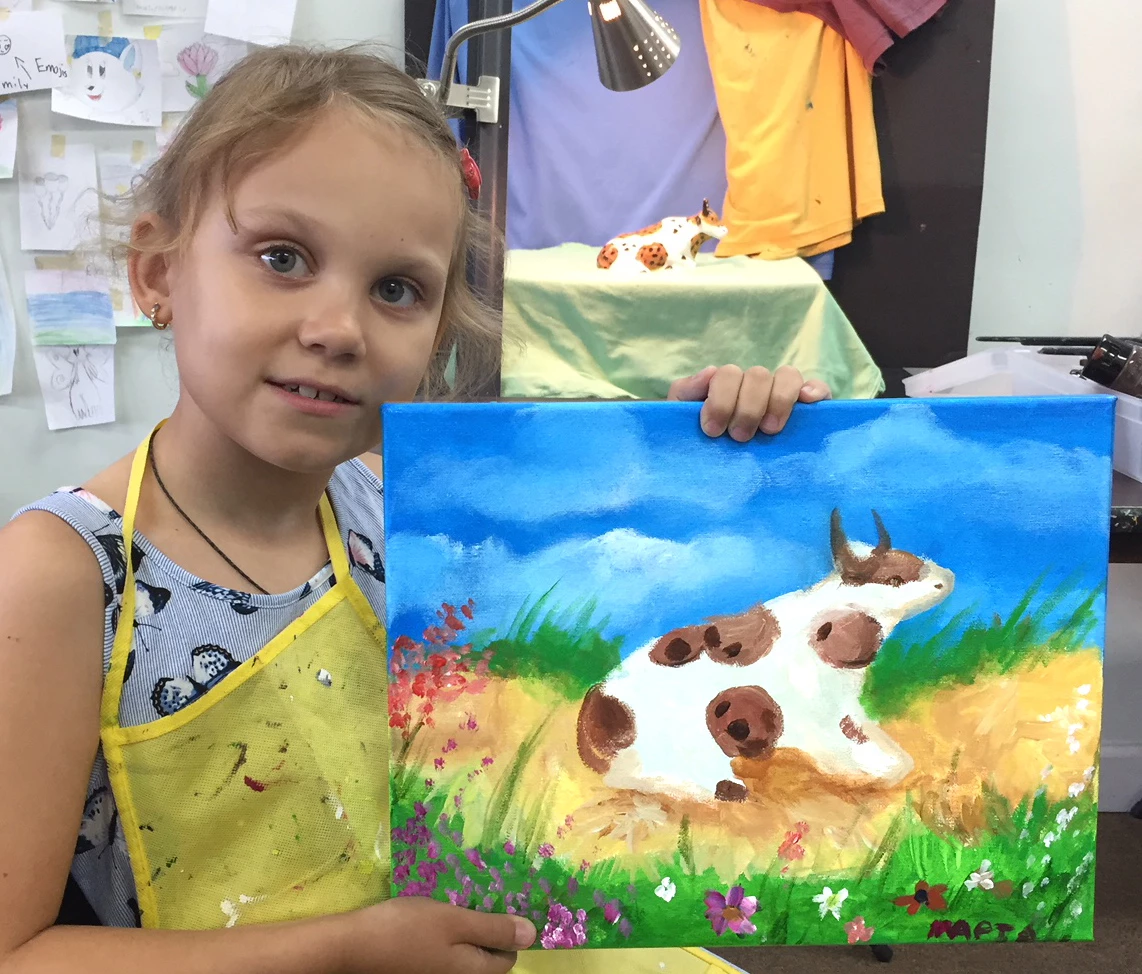 This painting of a cow was done from observation of a three-dimensional object using acrylic paints