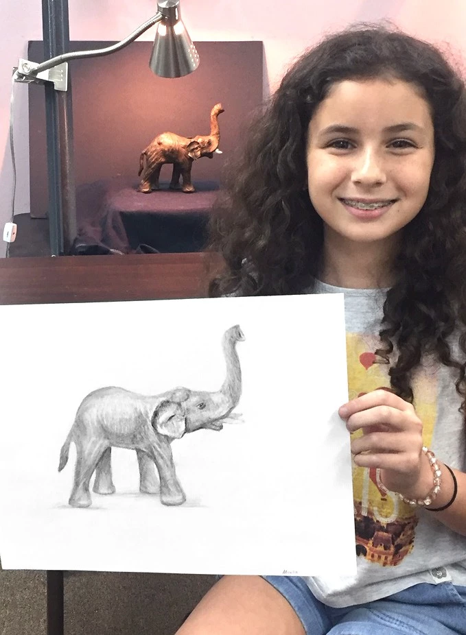 This drawing of an elephant was done from observation of a three-dimensional object using graphite pencil
