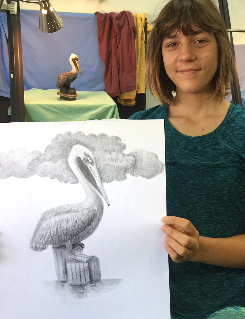 This drawing of a pelican was done from observation of a three-dimensional object using graphite pencil