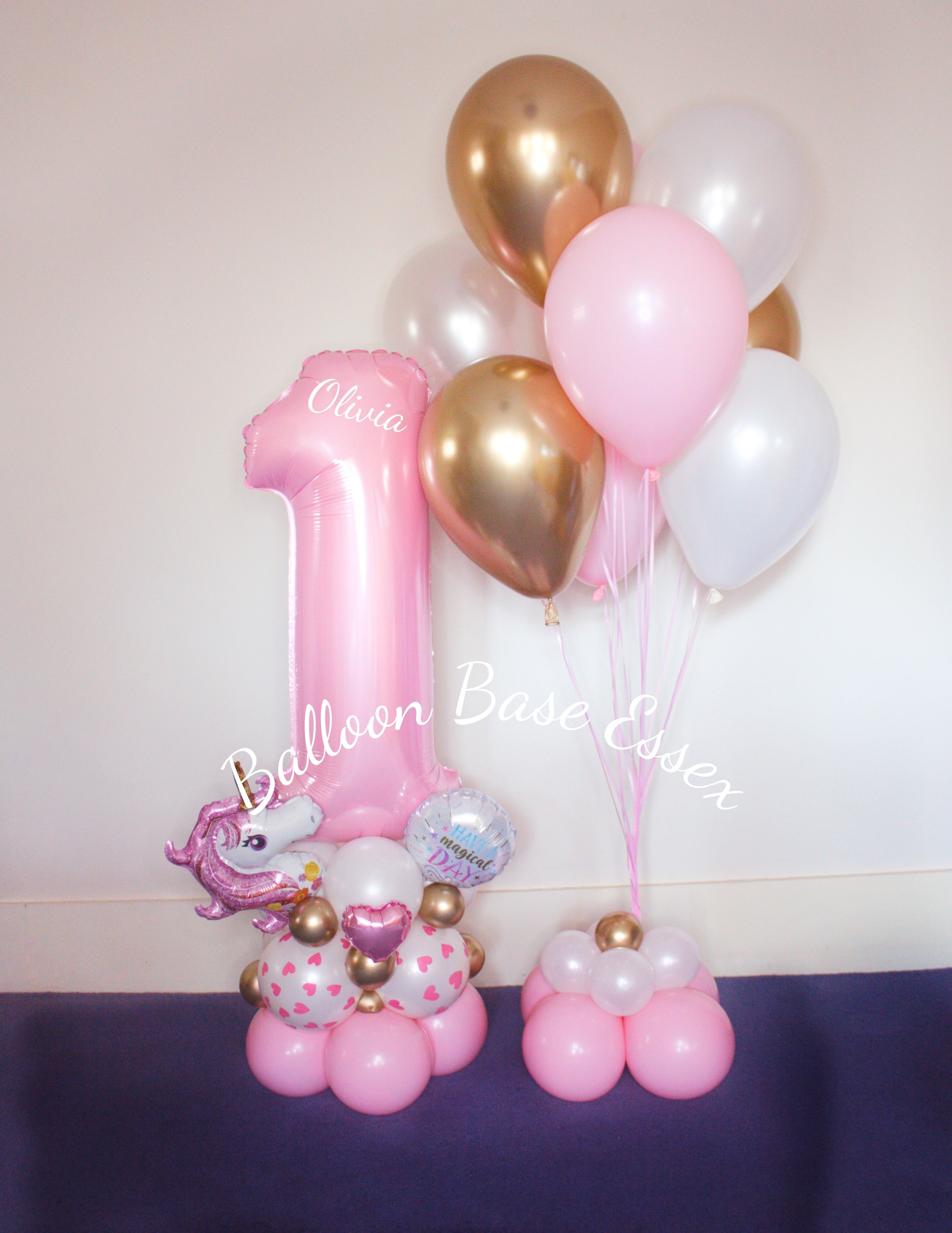 Pastel pink and unicorn number 1 stack with 3 helium balloons