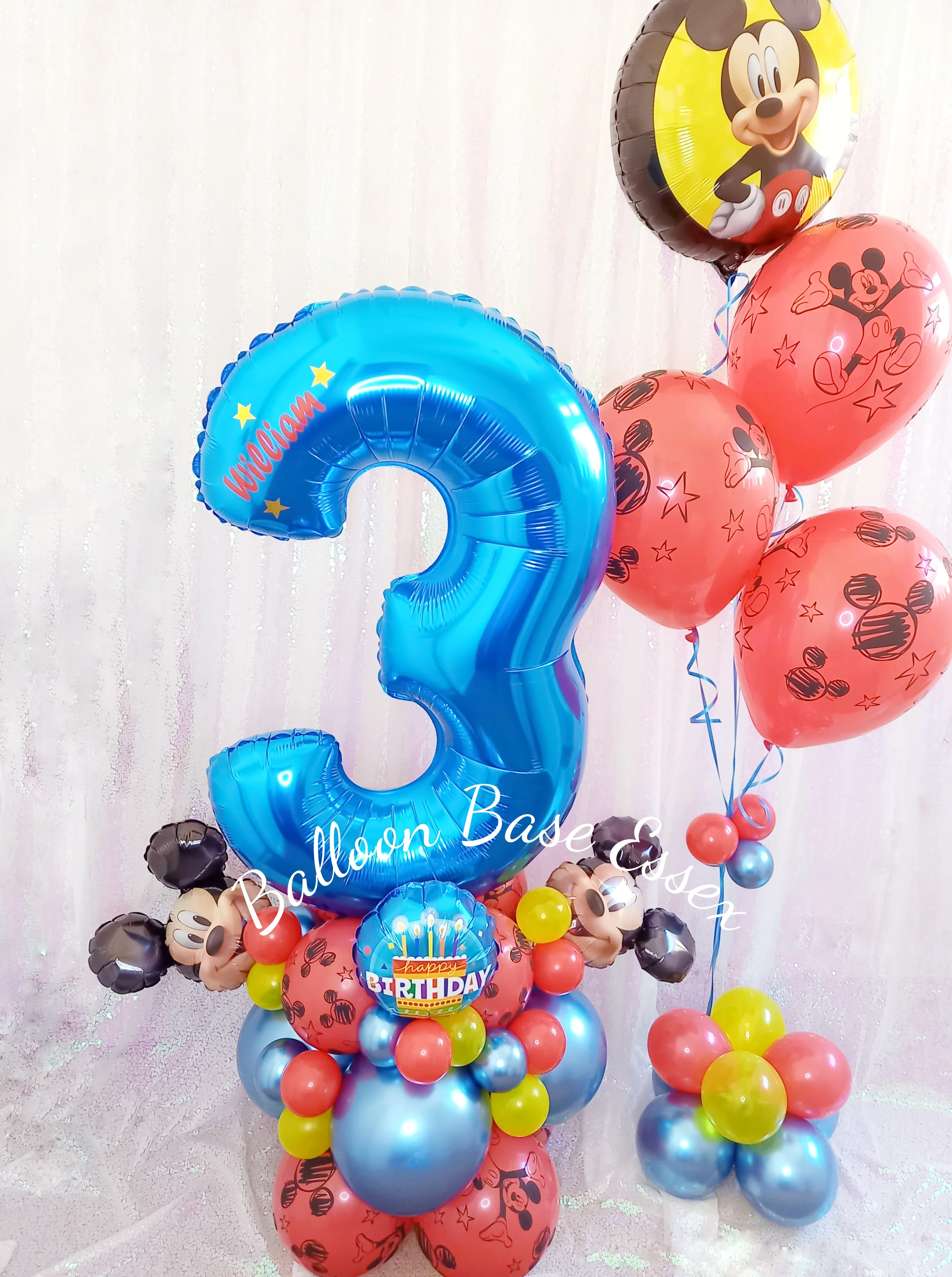 Mickey Mouse theme 3rd birthday balloons with large blue number 3 balloon