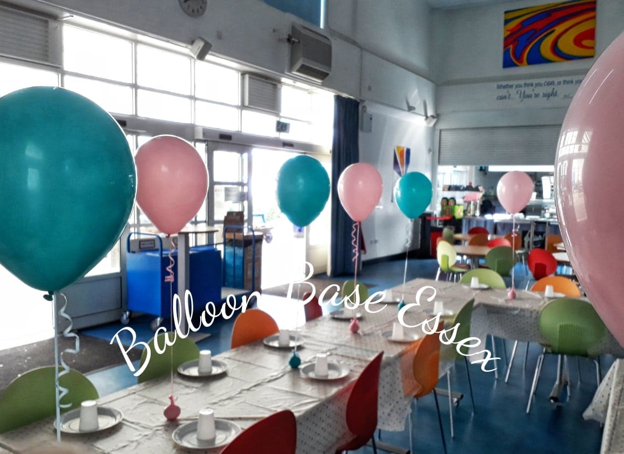 Blue and pink balloons at a child's birthday party