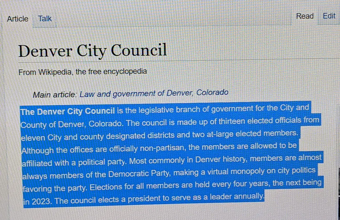 Denver City Council Virtual Democrat Monopoly Since 1963
