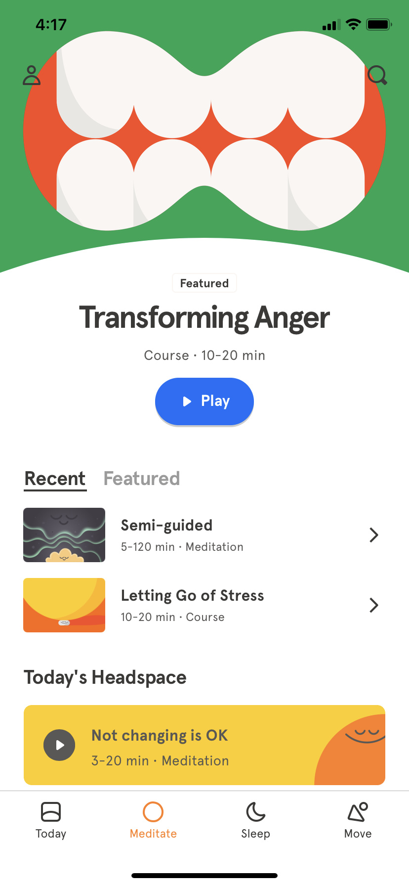 Screenshot of the home screen of the application Headspace