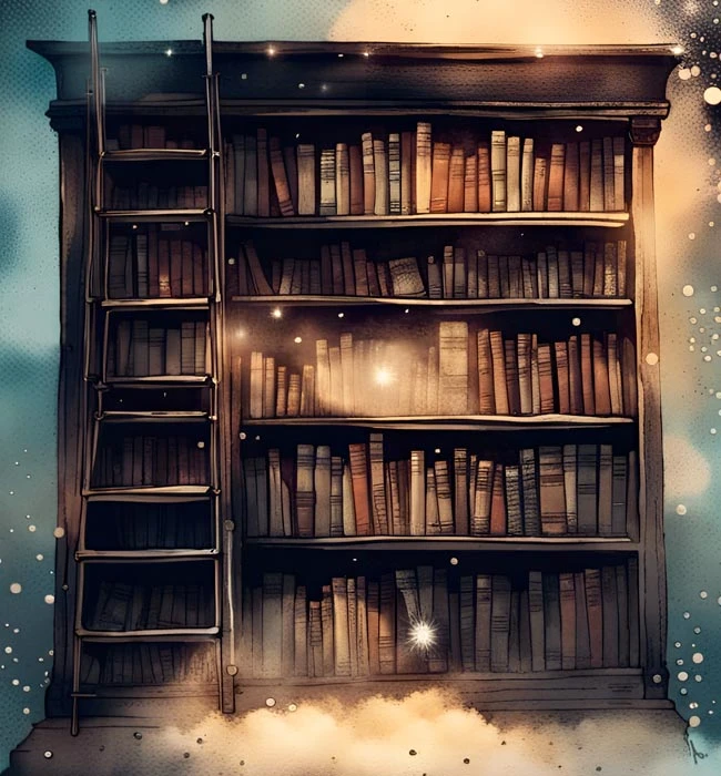 inky illustration of a bookshelf filled with books and a ladder on the left side extending above the top of the shelf, concept of climbing, progress, and development