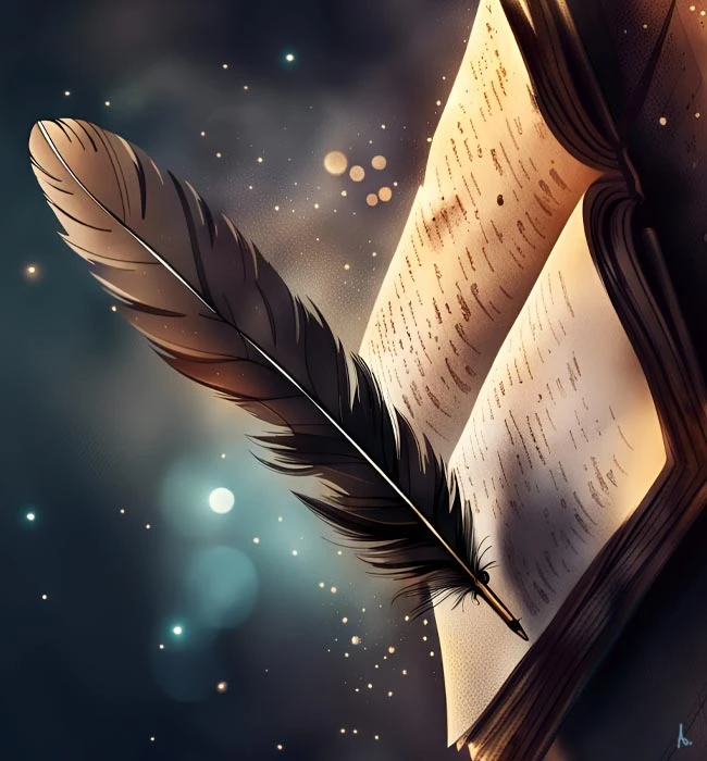 inky illustration of a feather quill writing words across an open book with celestial orbs, glowing stars, and dust motes in the background