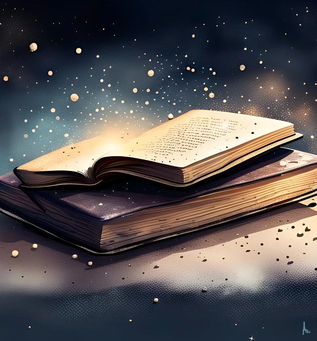 inky illustration of two books stacked on top of one another with tthe top one open to a page, celestial orbs and stars in the background