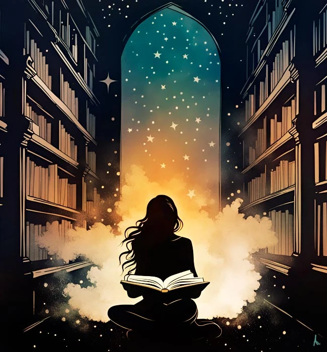 inky illustration of a silhouette of a woman with long hair sitting on the floor reading an open book with high shelves on either side of her and a giant doorway in the background leading to a celestial sky in shades of teal and orange, concept of alpha reading at dark star lit