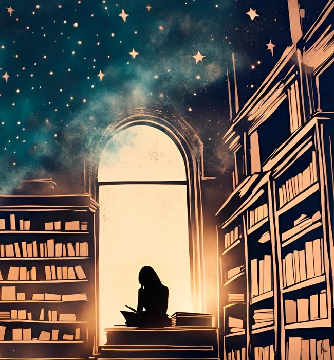 inky illustration of a woman sitting at a desk reading intently with tall shelves on either side of her with a night sky filled with stars pouring in from above, concept of coaching and critique