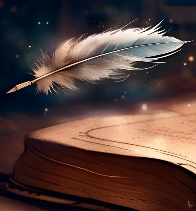 inky illustration of a feather quill floating in the air about the corner of an open book with glowing dust motes floating in the air, concept of ghostwriting by dark star lit