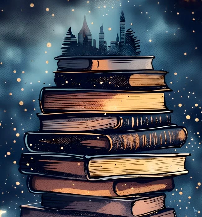conceptual inky illustration of a book stack with a silhouette of abstract city buildings at the very top, concept of reaching the public and marketing your books