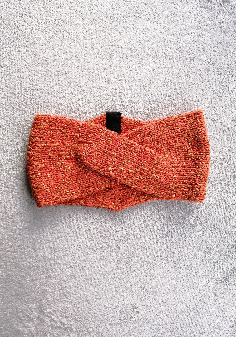 Orange and golden yellow knitted crossover headband