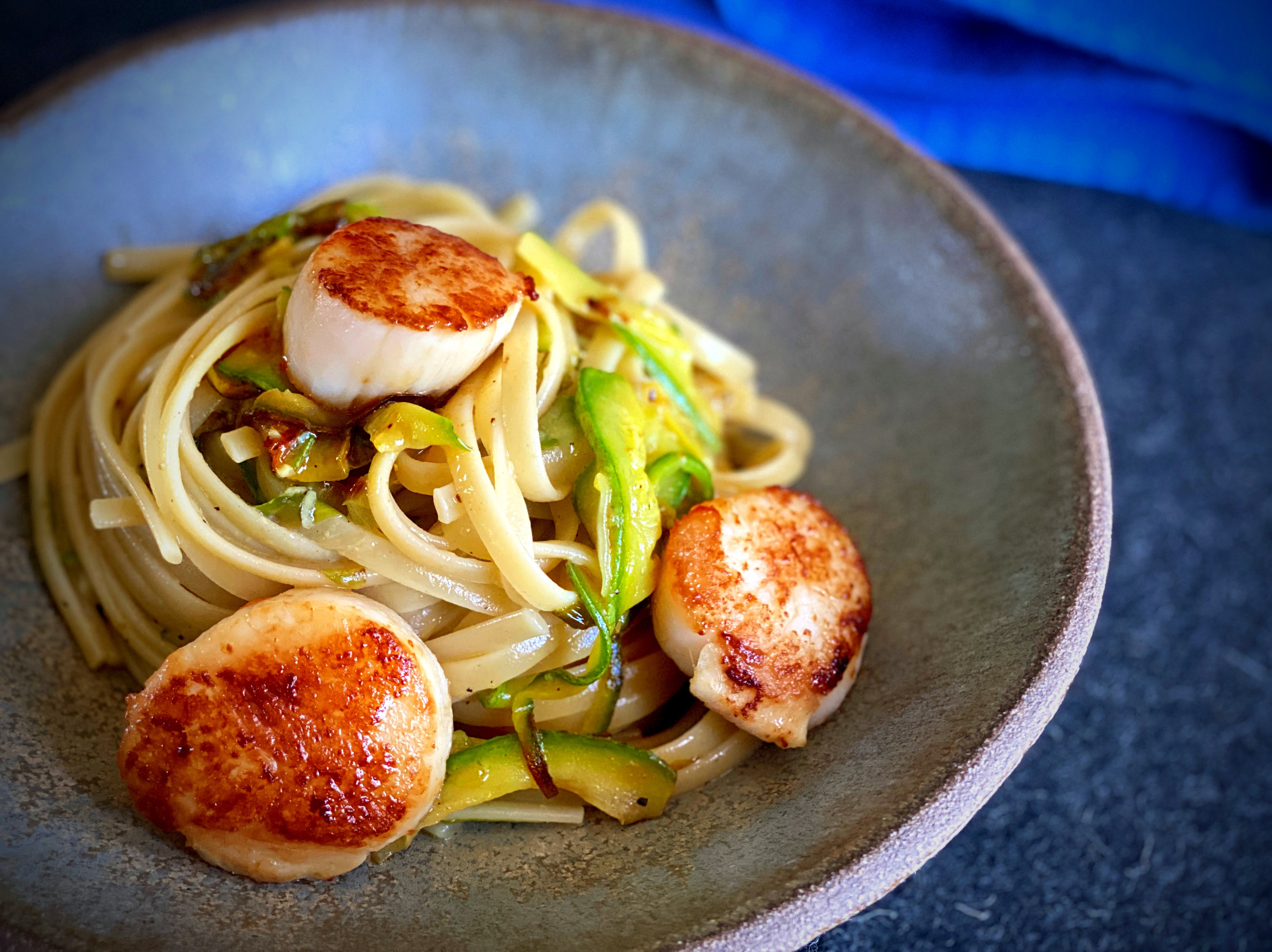 Zucchini Carbonara and Pan-Seared Scallops
