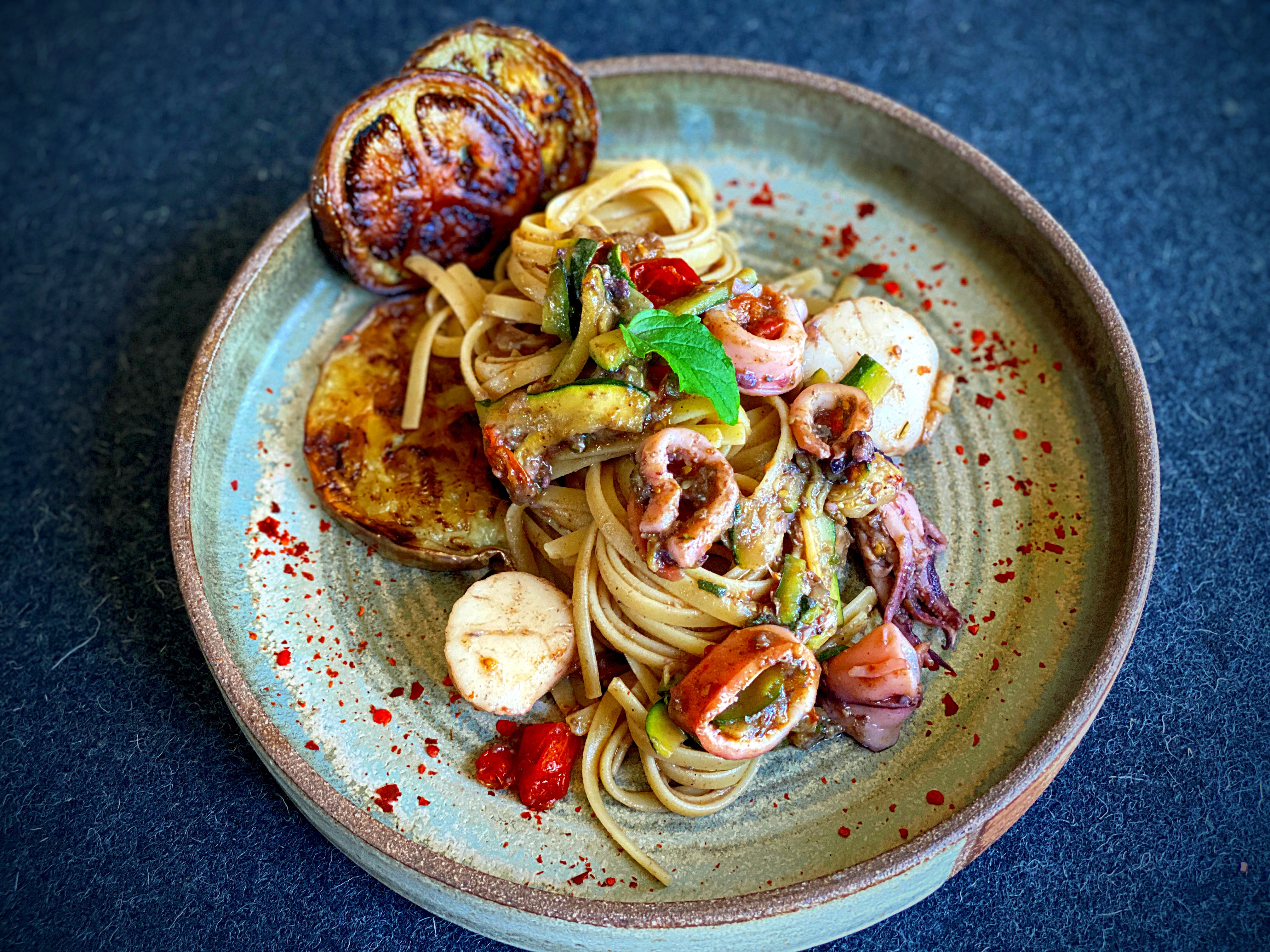 Squid and Scallops Linguine with Zucchini and Eggplant