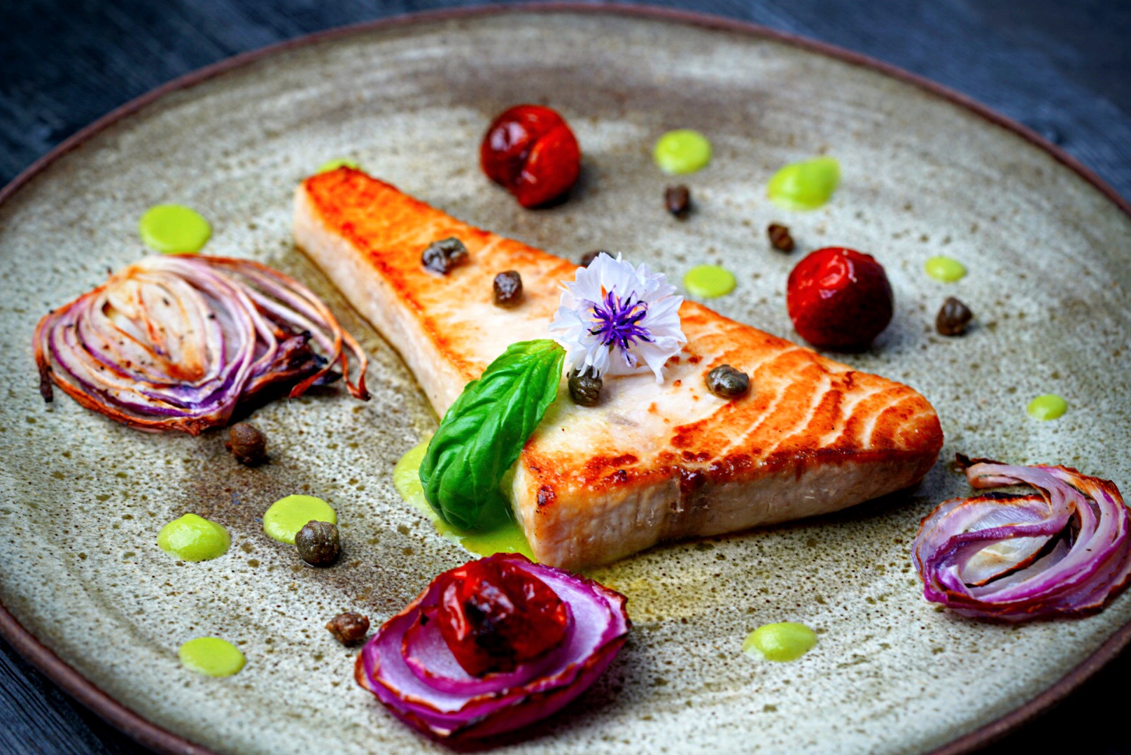 Swordfish Steak with Cherry Tomatoes, Capers and Red Onion