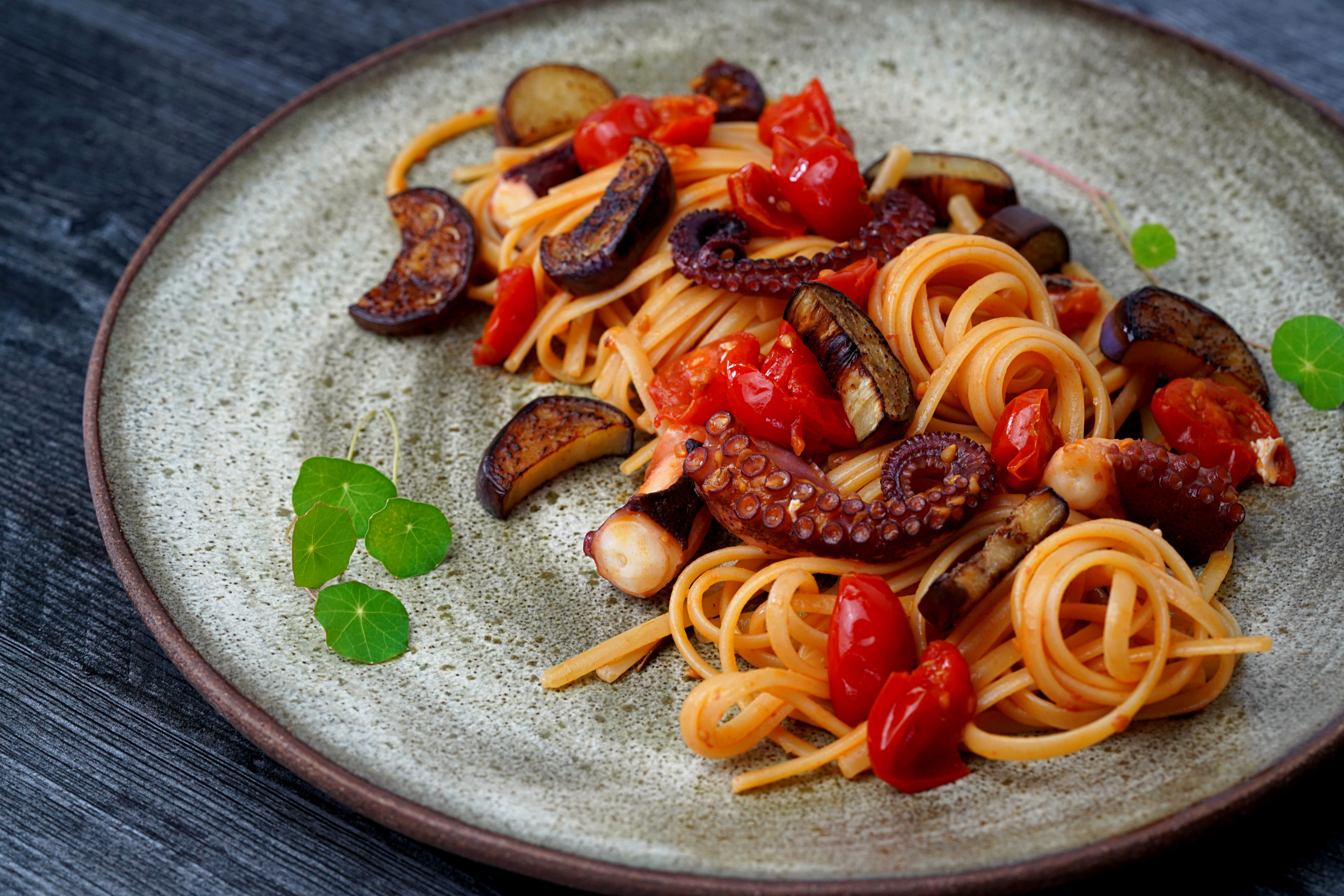 Linguine, Octopus, Fried Eggplant and Cherry Tomatoes