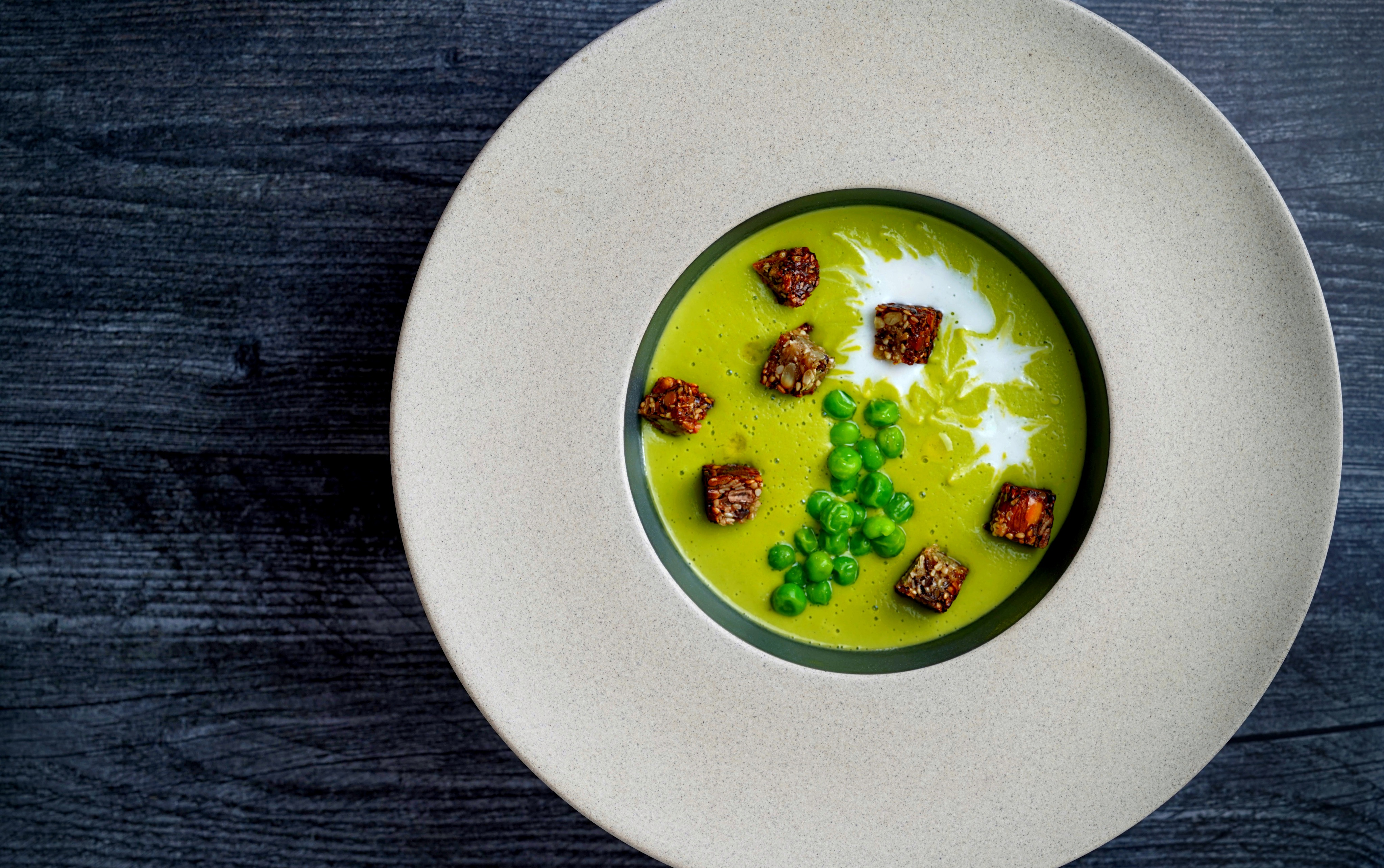 Coconut Pea Soup & Seed Croutons