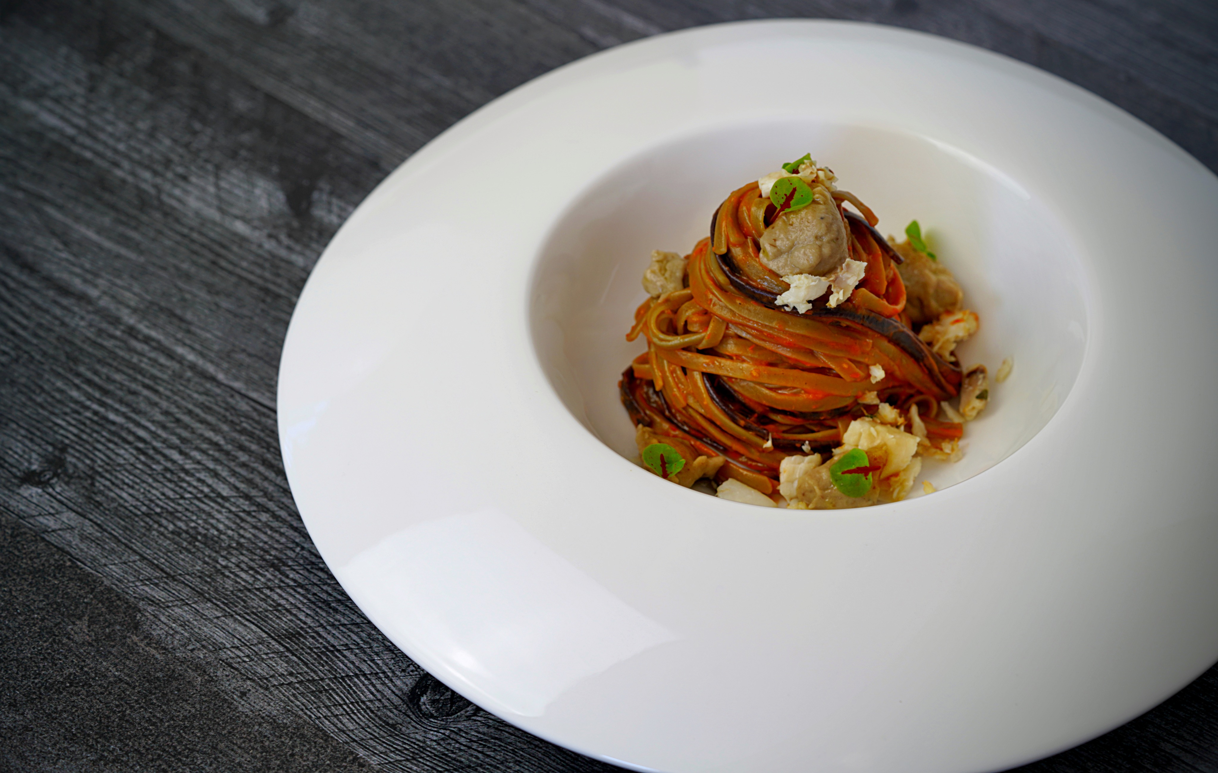 Black Rice Noodles with Tomato Sauce, Eggplant Puree and Sole