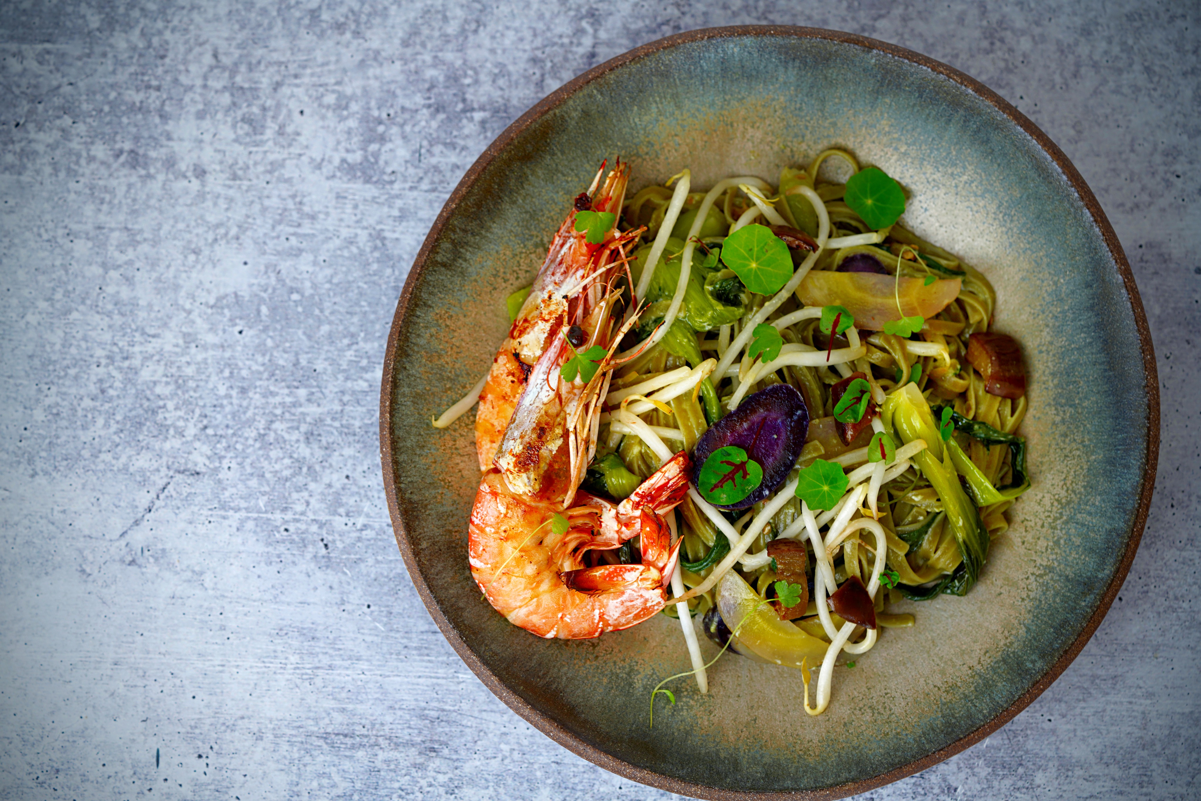 Rice Noodles Vegetables & Seared Gulf Prawns