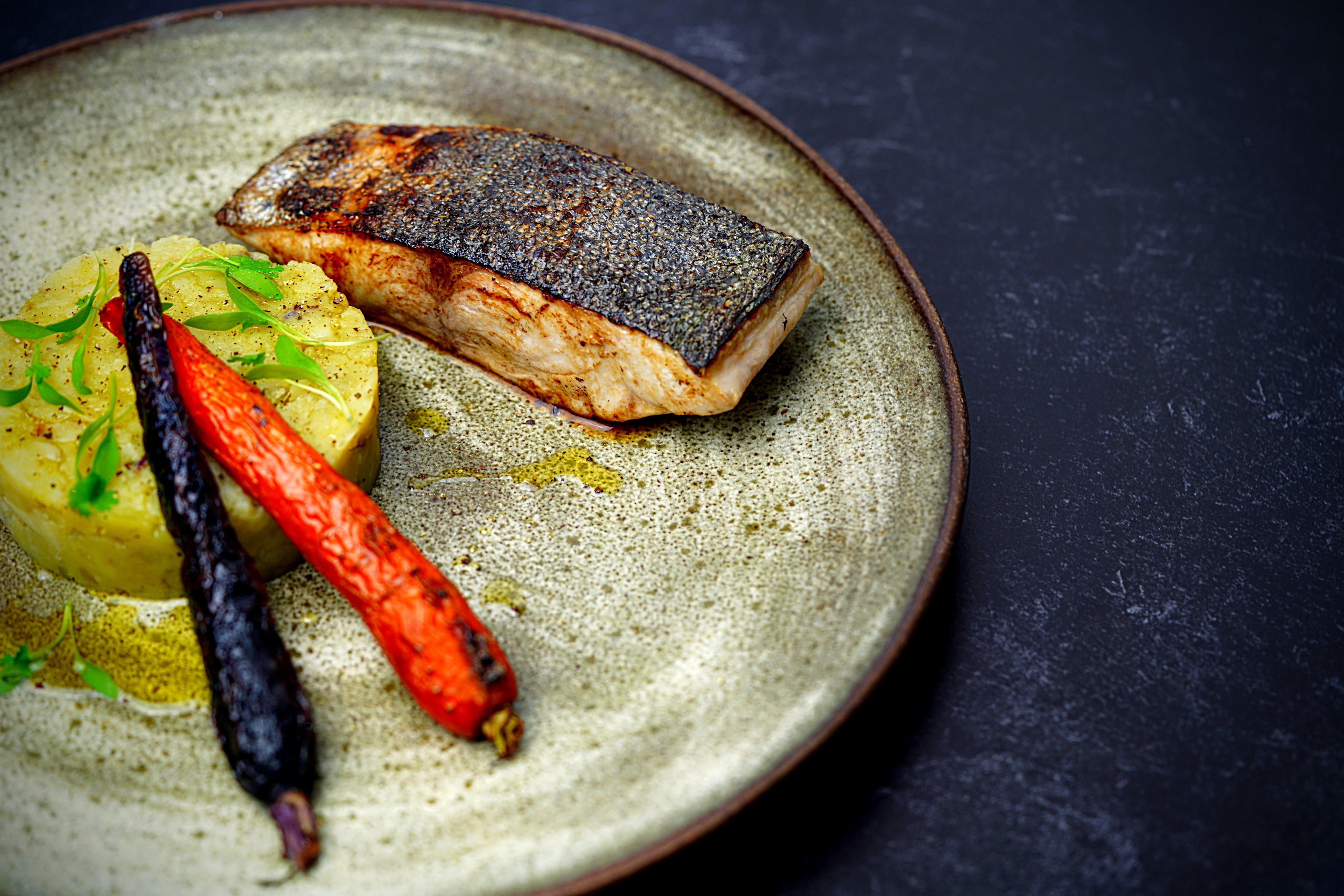 Pan-Fried Mahi with Sweet Potato Mash and Roasted Carrots