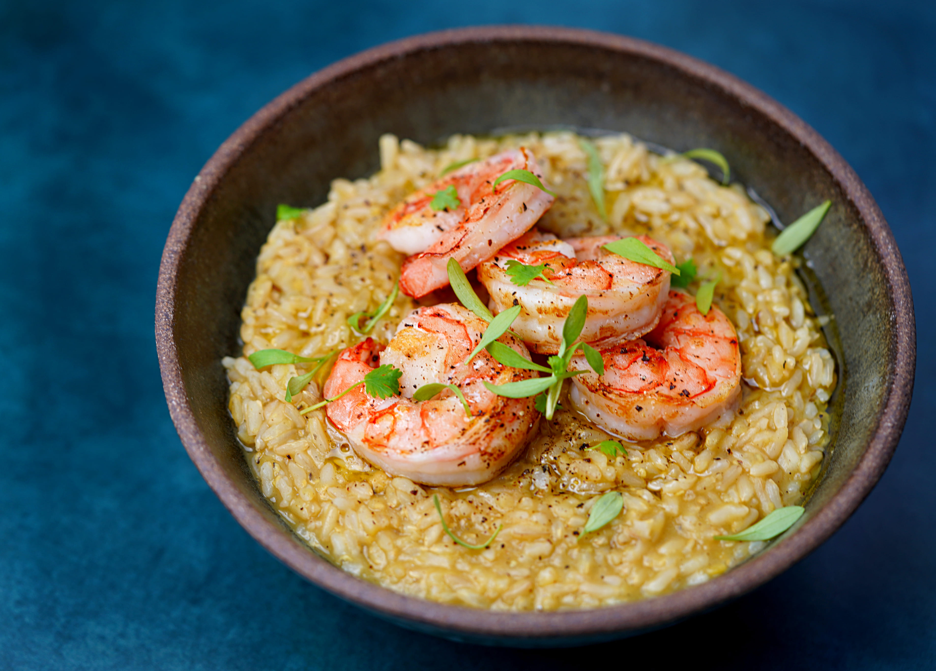 Brown Rice with Red Lentils and Seared Prawns