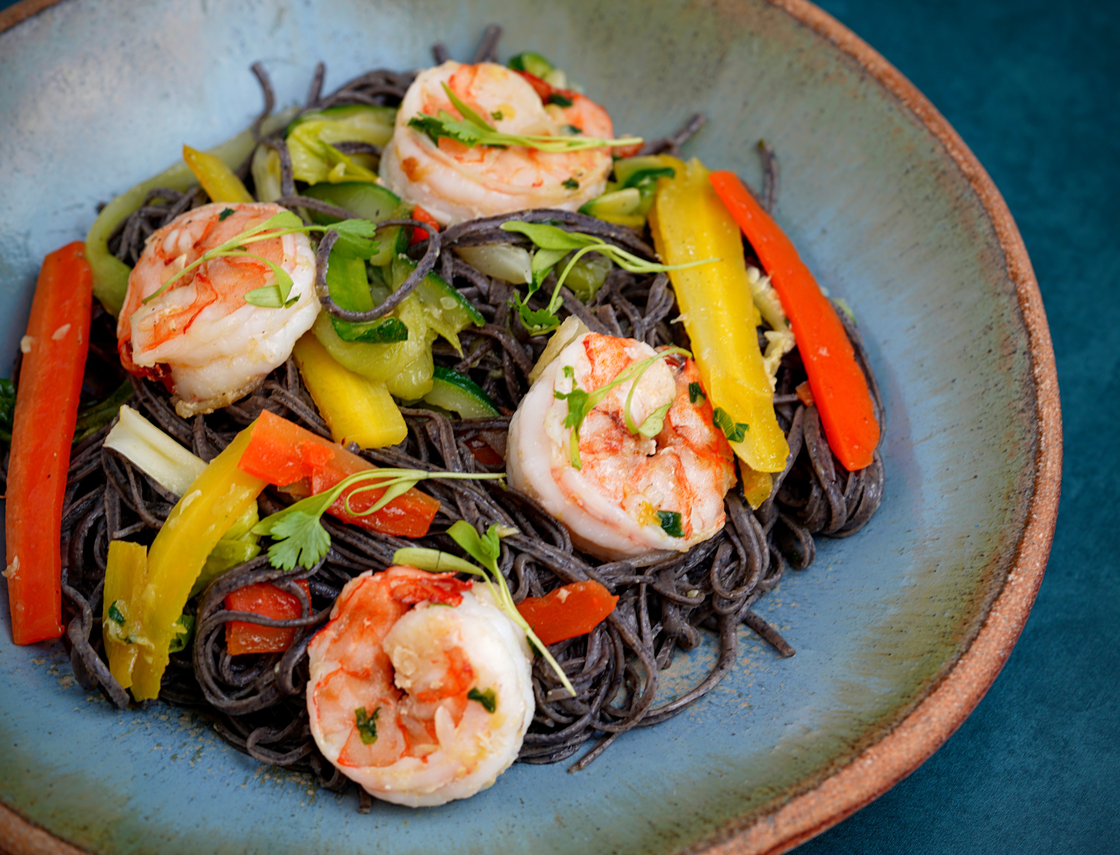 Black Bean Noodles with Prawns and Greens