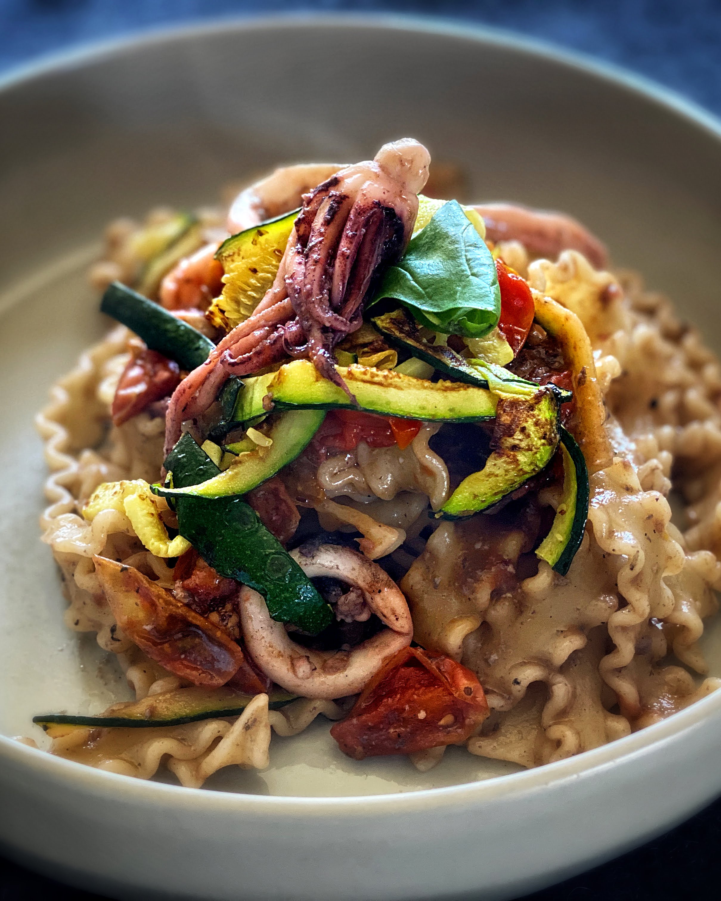 Squid Ink Mafalde with Cherry Tomatoes and Pan Fried Zucchini