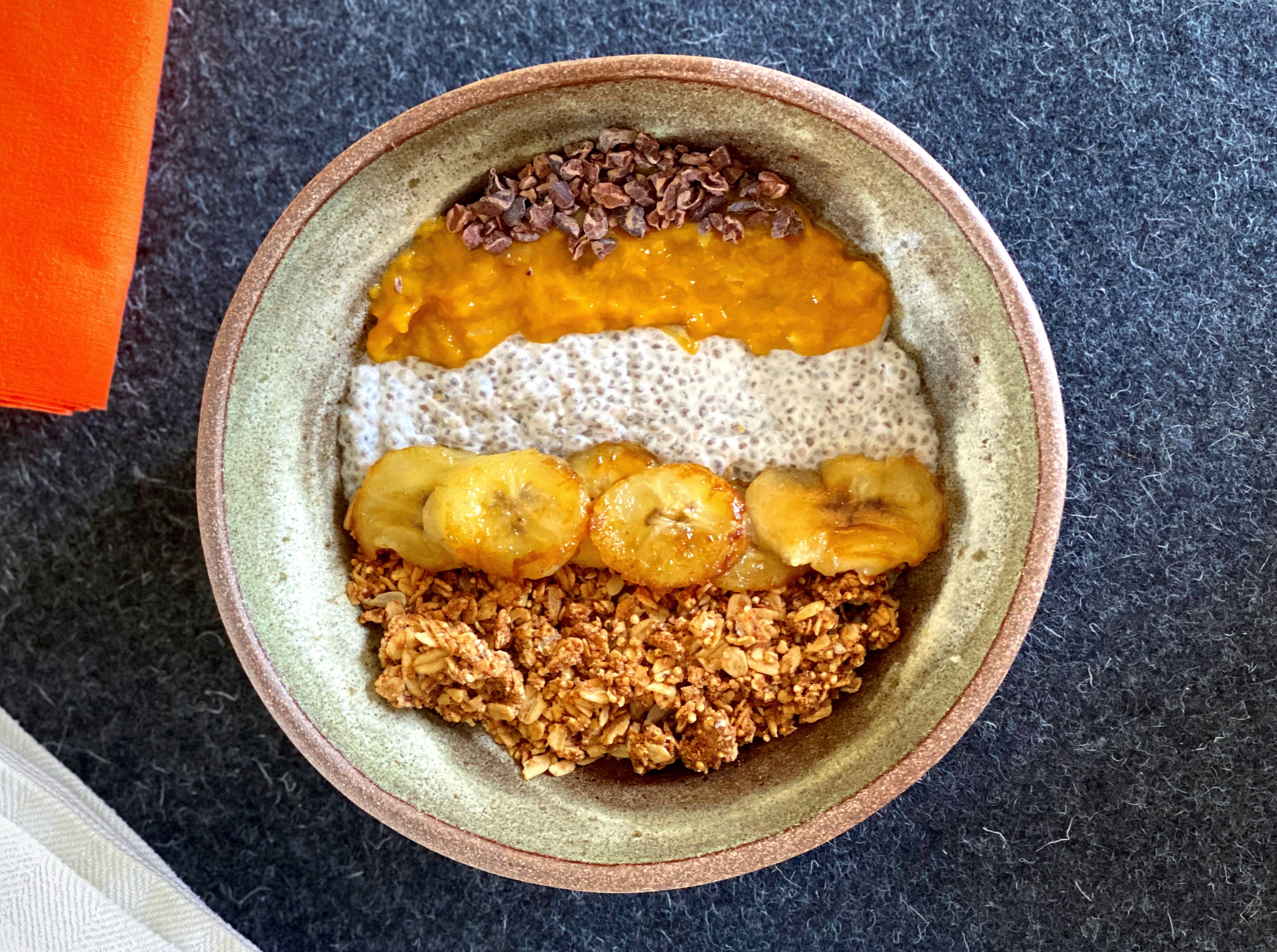 Chia Pudding with Granola, Mango Chutney and Caramelized Banana
