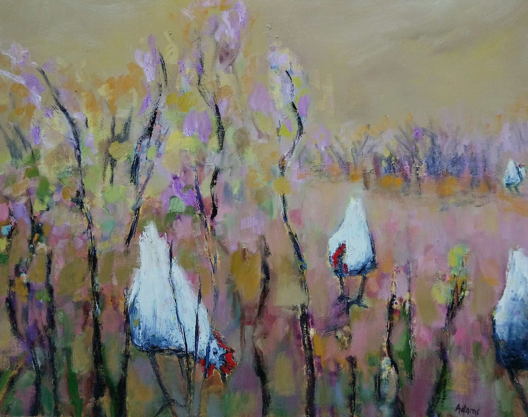 painting of chooks in a field.