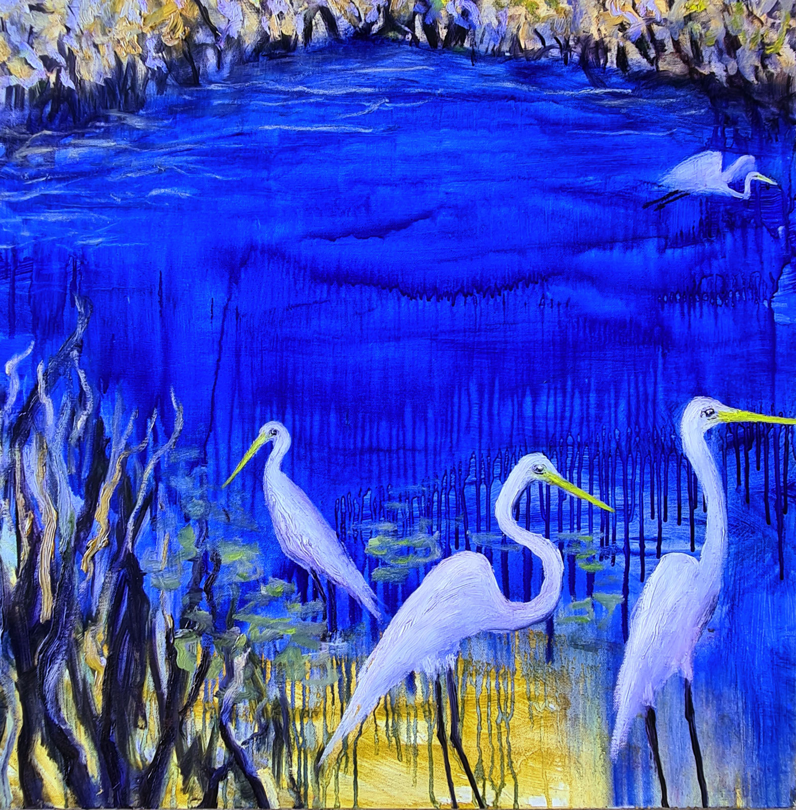 Landscape painting with white herons.