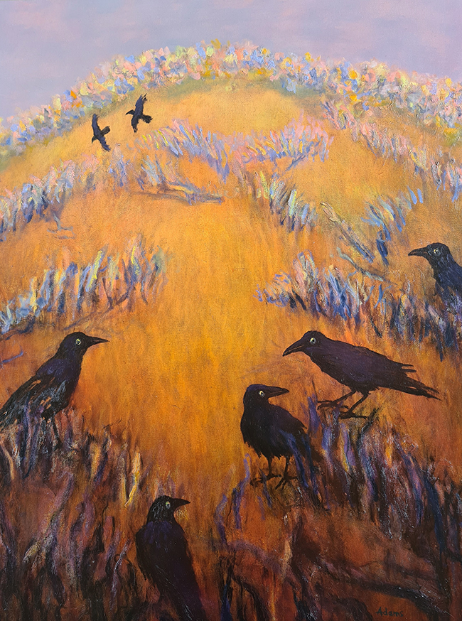 painting of crows on an orange hillside.