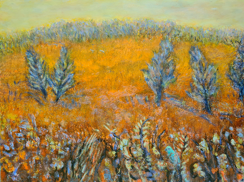 Painting of an orange pine forest.