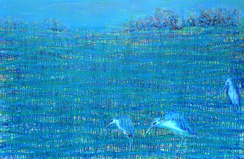 Large blue mangrove landscape painting with herons.