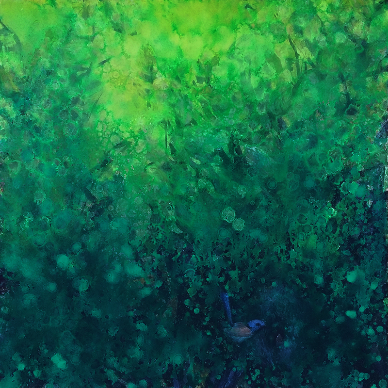 Green landscape painting of mangroves with a bird in a nest.