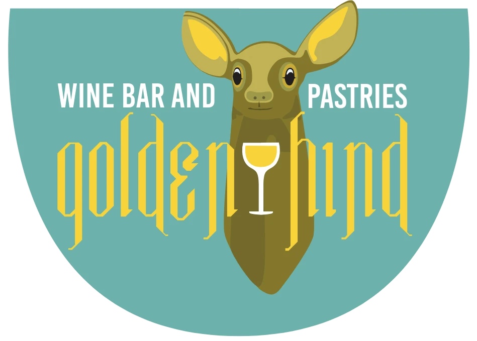 Full Logo: a golden doe on a teal background, with the words Golden Hind Wine Bar And Pastries