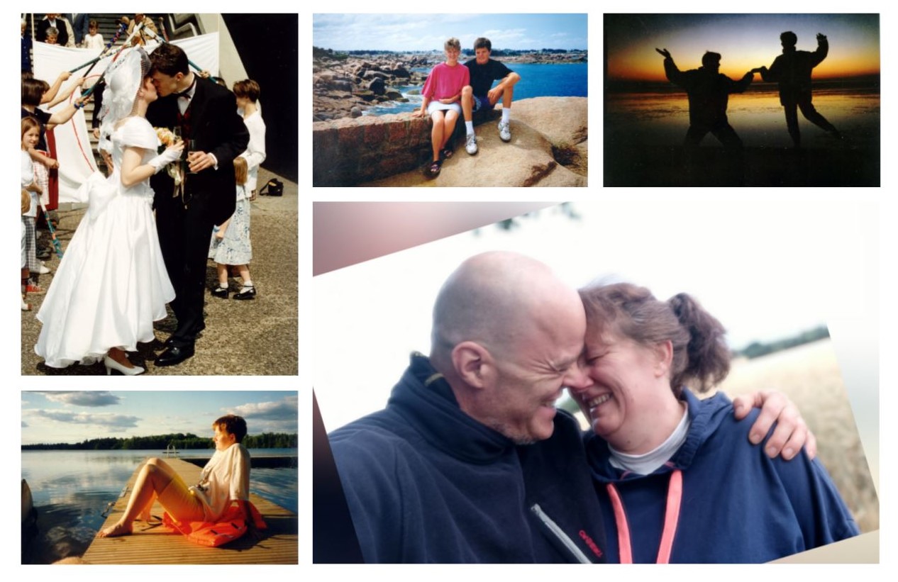 Collage mit fünf Fotos: Brautpaar bei Hochzeit, zwei Personen sitzen an Felsküste, zwei Personen tanzen bei Sonnenuntergang, Person sitzt am Seeufer, Paar umarmt sich