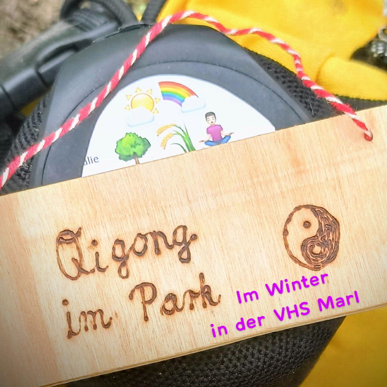 Im Winter in der VHS Marl Holzschild mit der eingeritzten Aufschrift 'Qigong im Park' und einem Yin-Yang-Symbol, darunter lila Text 'Im Winter in der VHS Marl'.