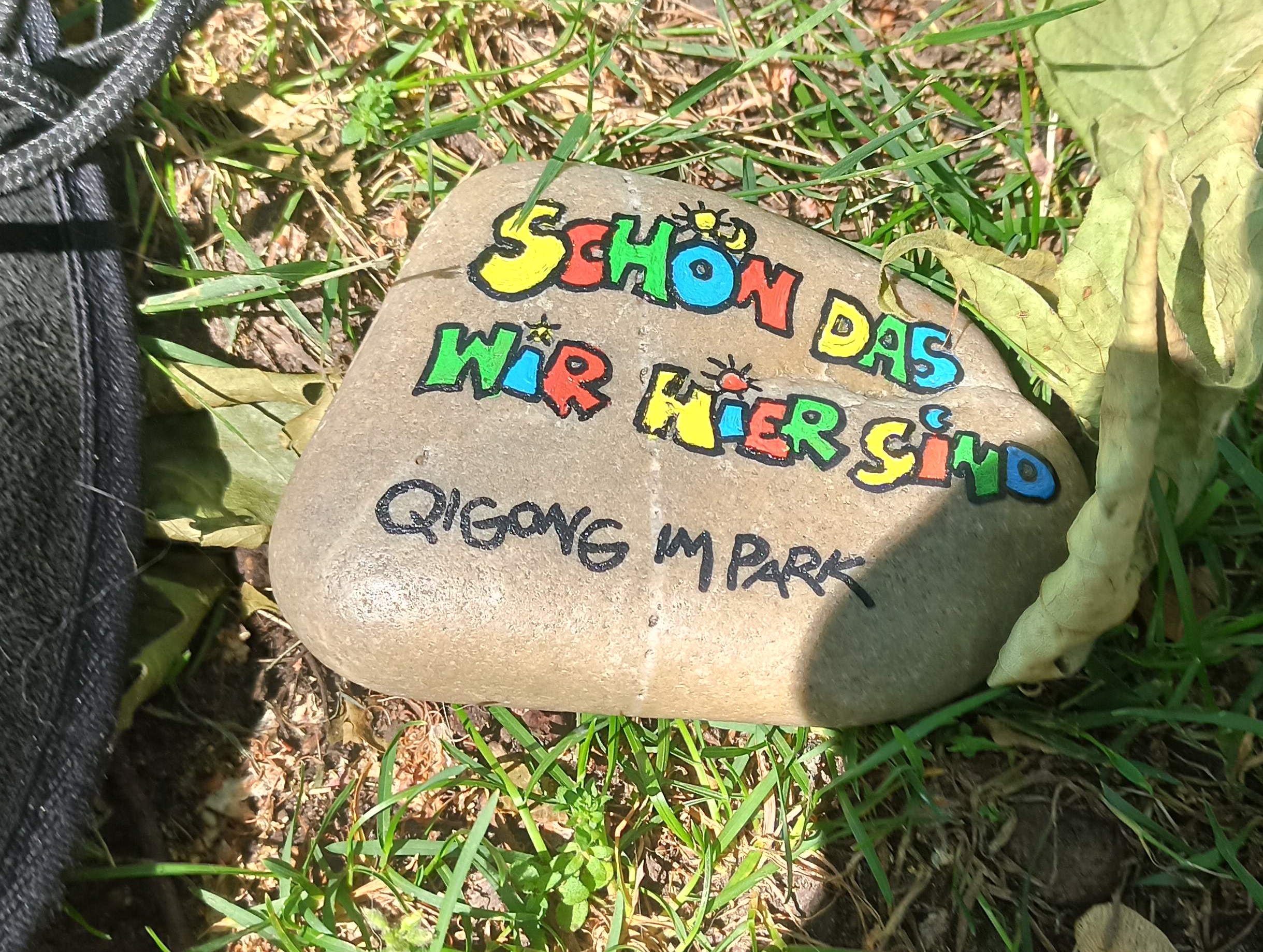Natalie's Stein Grauer Stein mit bunter Schrift 'Schön, dass wir hier sind' und schwarzer Schrift 'Qigong im Park' auf Gras liegend, daneben ein vertrocknetes Blatt.