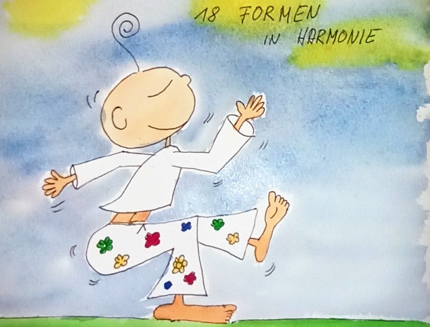 Tanz die 18 Formen Bunte Zeichnung einer tanzenden Figur mit lockigem Haar, weißem Oberteil und weißer Hose mit bunten Blumen auf grünem Boden vor blauem Himmel. Text '18 FORMEN IN HARMONIE' oben rechts.
