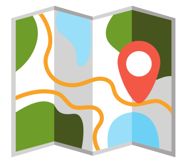 Farbige stilisierte Karte mit grünen Flächen, blauen Gewässern, orangefarbenen Straßen und rotem Standortmarker.