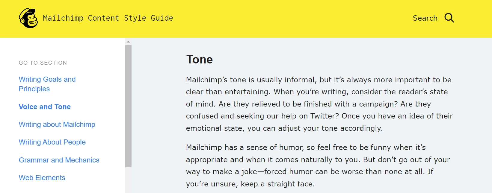 Mailchimp content style guide defining tone of voice