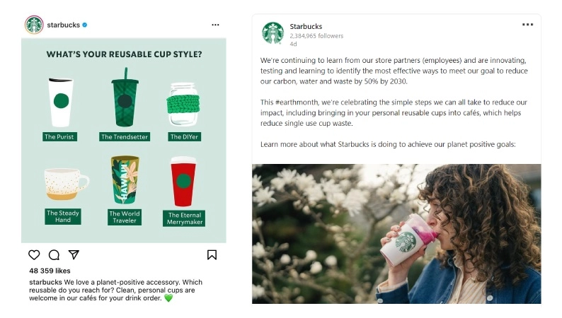 Starbucks tone of voice on Instagram and LinkedIn