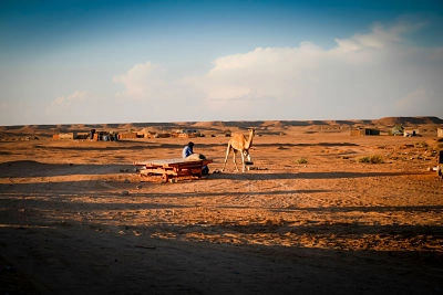 A man and his dromedarius in the Sahara desert