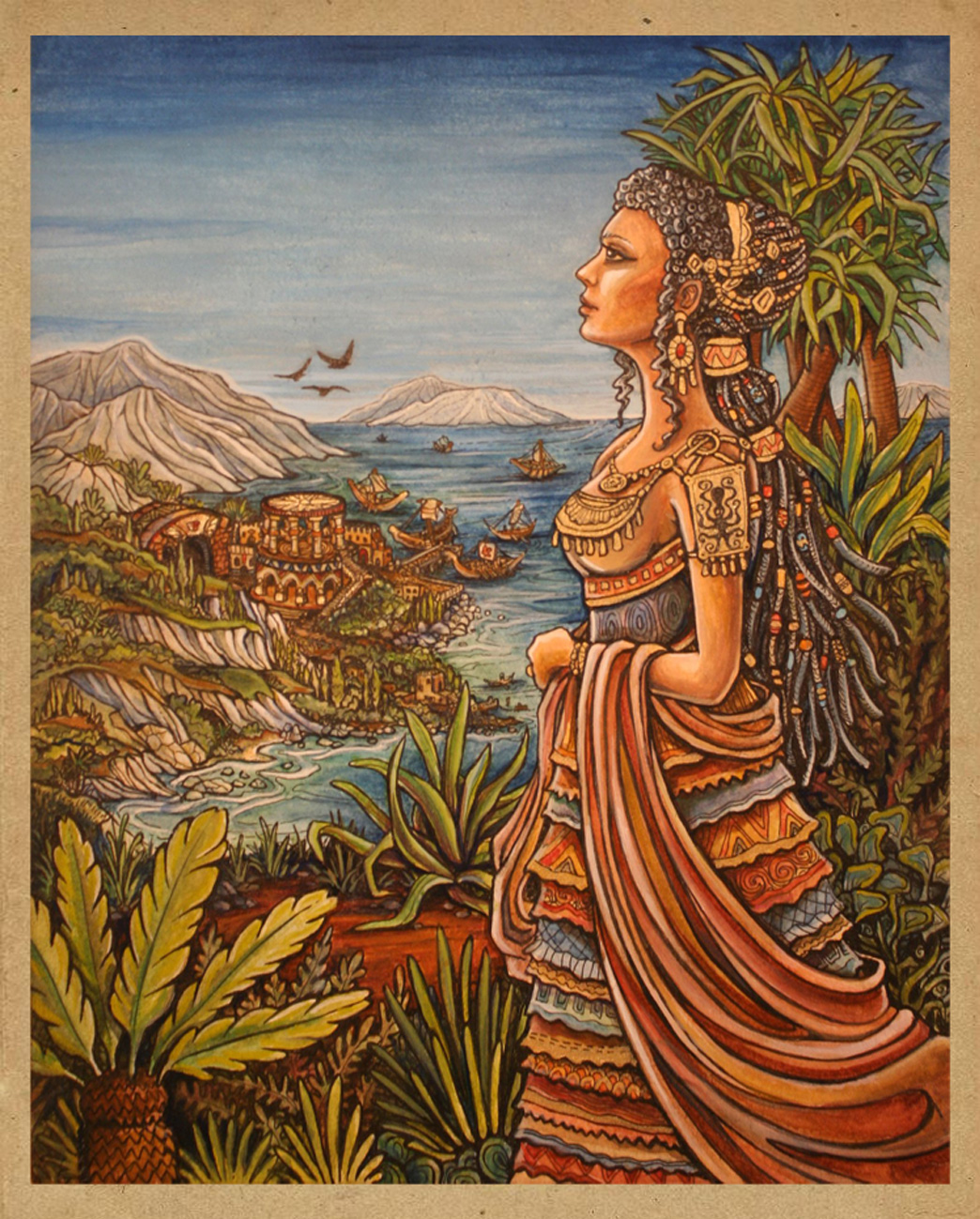 Minoan Woman historical fashion Illustration.