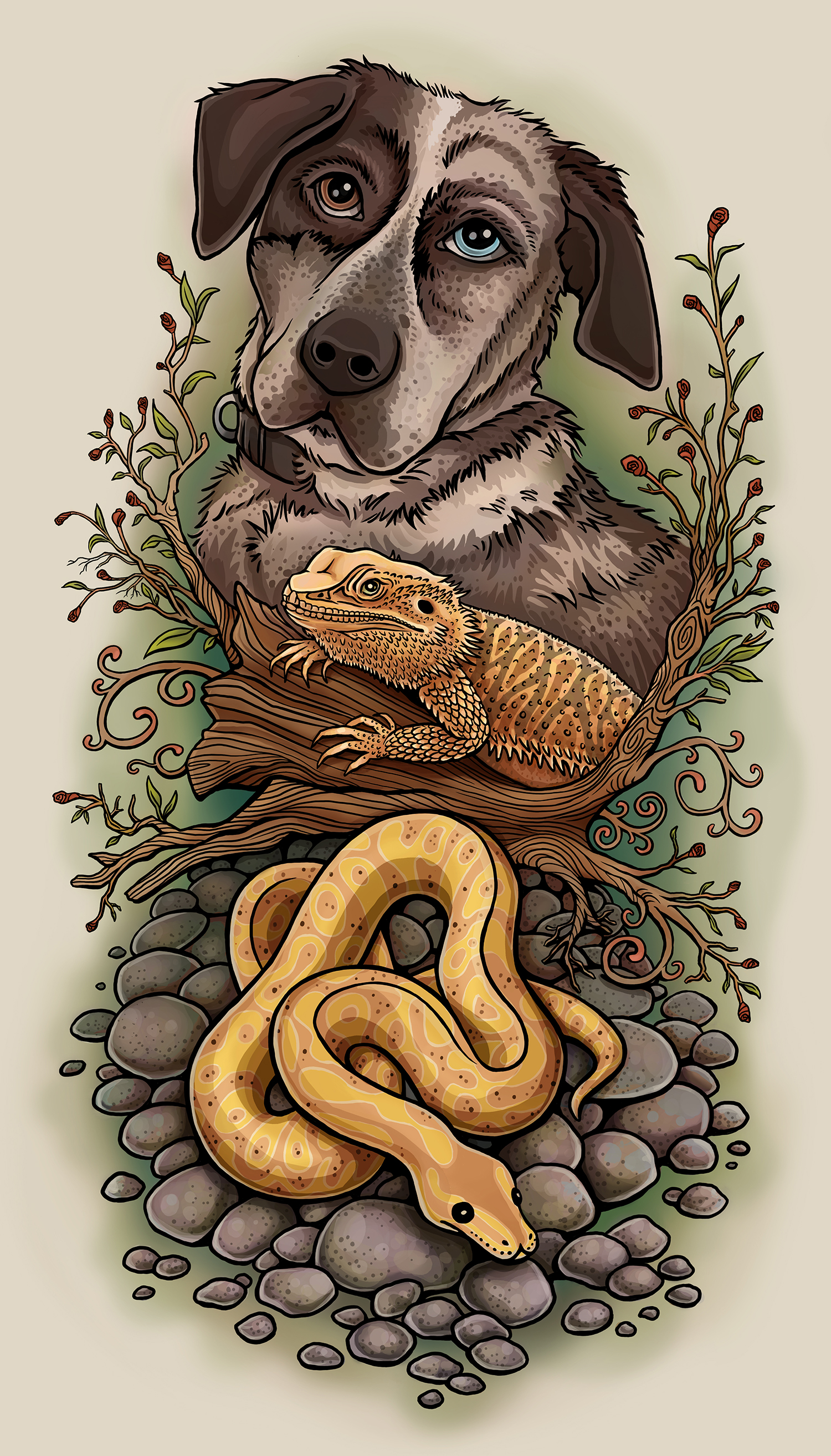 Pet portraits illustration. Dog Dearded Dragon and Snake.