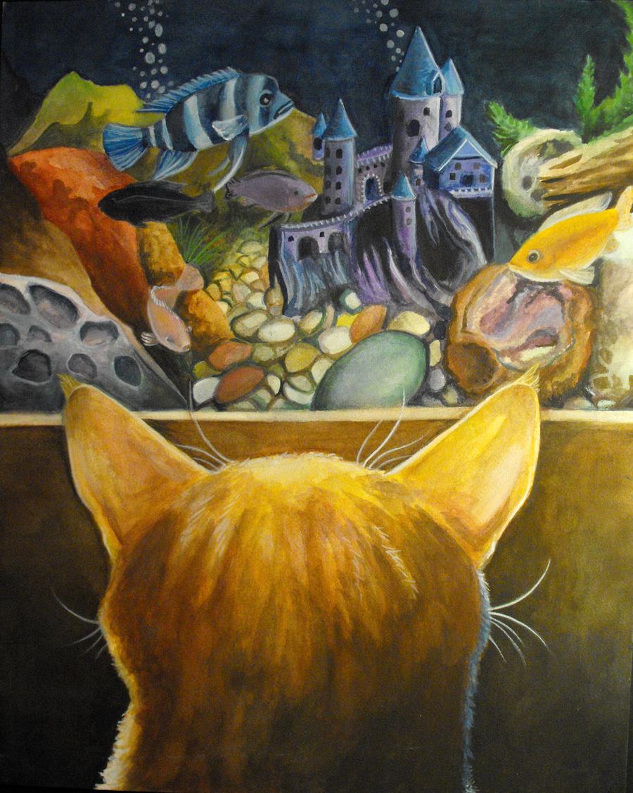 Pet portraits illustration. Orange cat looking at fish tank.