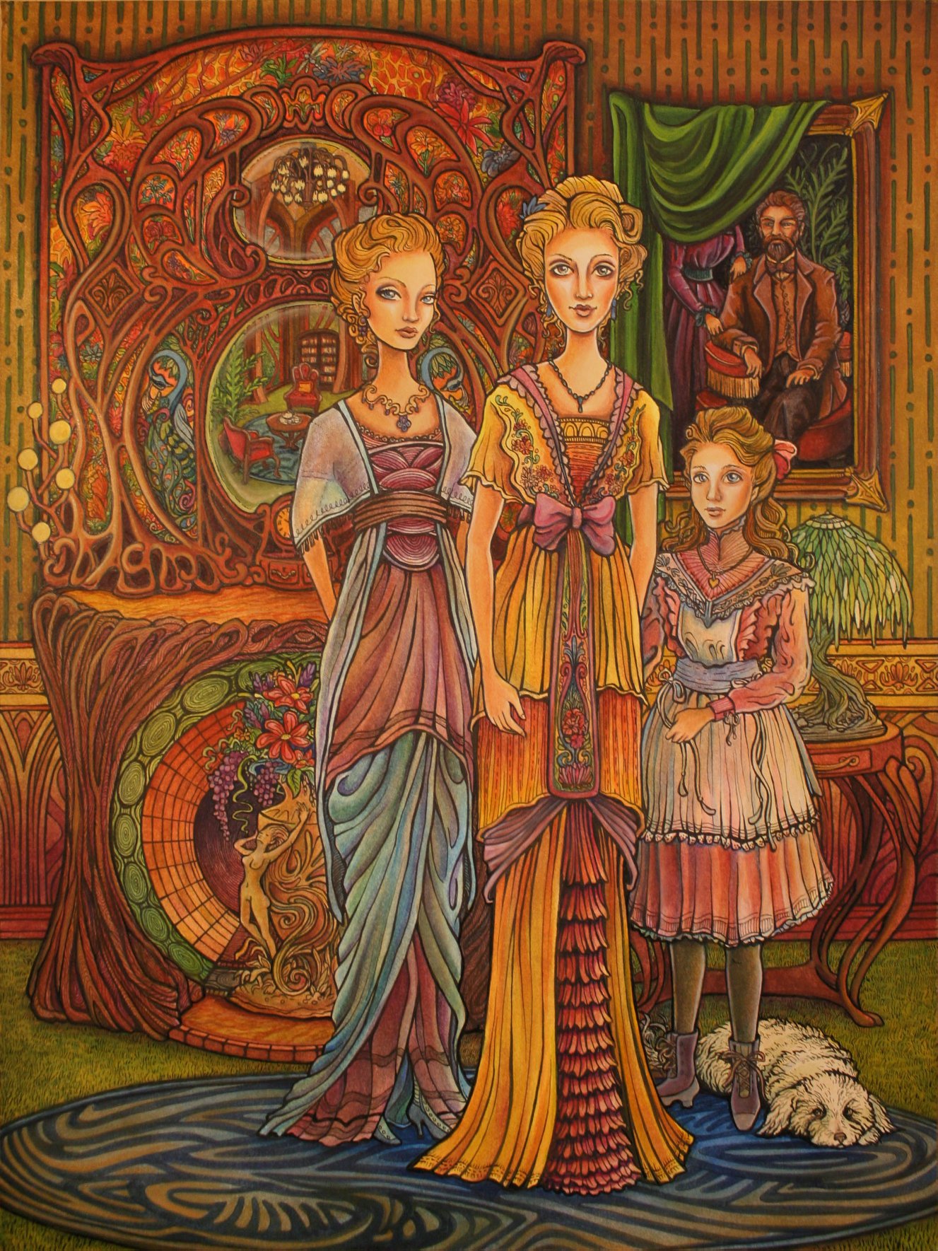 Edwardian Victorian family portrait. Childrens book historical fashion illustration.