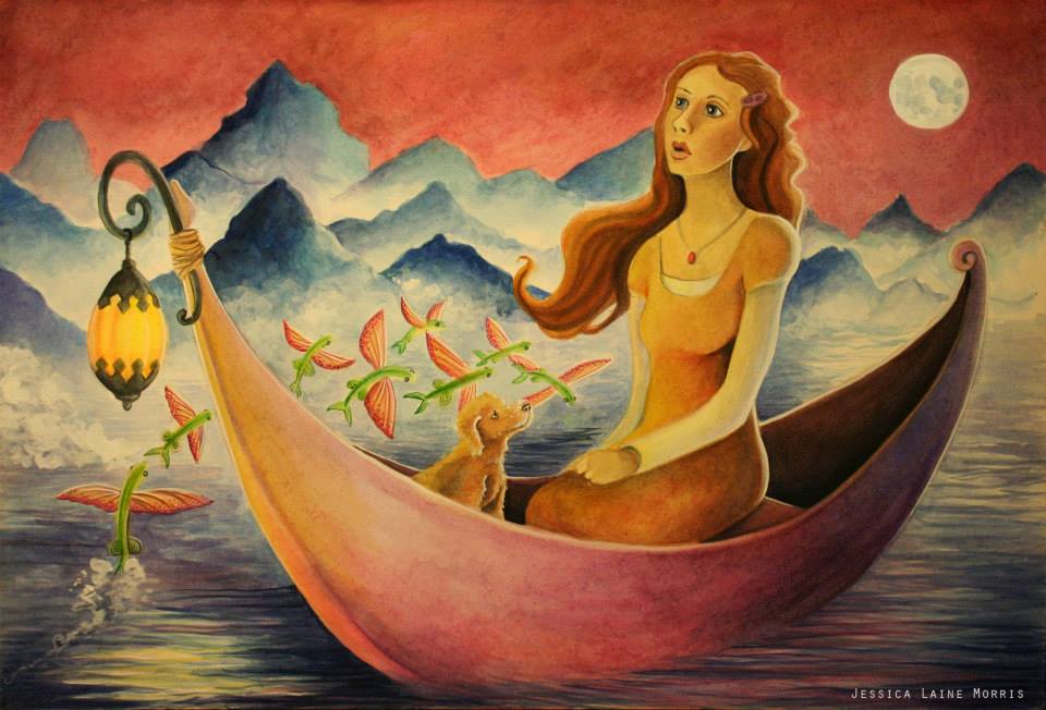 Flying fish and girl with dog on boat in misty moonlight watercolor painting.