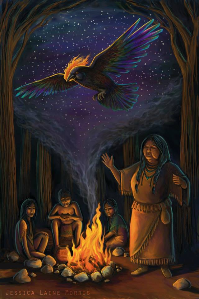 Rainbow Crow Lenape Legend. Native American folklore. Childrens book fantasy illustration. Rainbow Crow Lenape Legend. Native American folklore. Childrens book fantasy illustration.